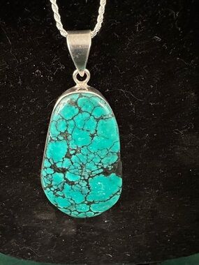 Turquoise Teardrop Pendant Necklace 29 in Blue/Green Southwestern Boho